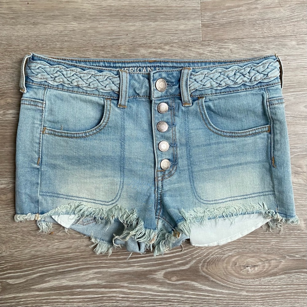 American Eagle High-Rise Shortie Shorts Size 4 w/Braided Belt, 99% Cotton